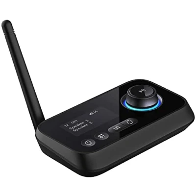 Abbildung von auvisio Audio Adapter, Bluetooth: 2in1 Sender und Empfänger mit Bluetooth 5, TOSLINK, LED Display (Audio Transmitter, Adapter Tv, Bluetooth, Lautsprecher iPad)