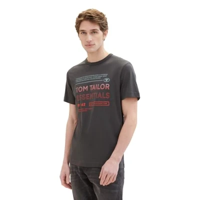 Abbildung von TOM TAILOR Herren Crewneck T Shirt mit Print aus Baumwolle, 10899 Tarmac Grey, M