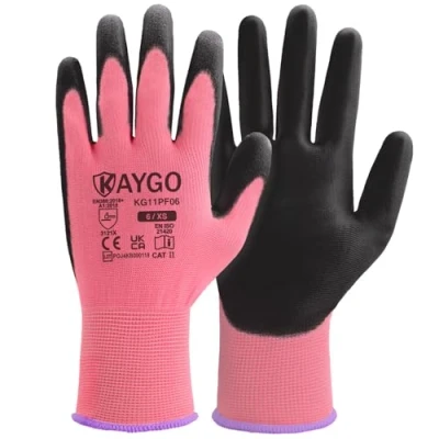 Abbildung von KAYGO 12 Paar Arbeitshandschuhe für Herren Damen, PU beschichtet Schutzhandschuhe, antirutsch Griff an Handflächen und Fingern, Geeignet DIY allgemeine Arbeit Gartenarbeit (Rosa, XS, Gr 6)