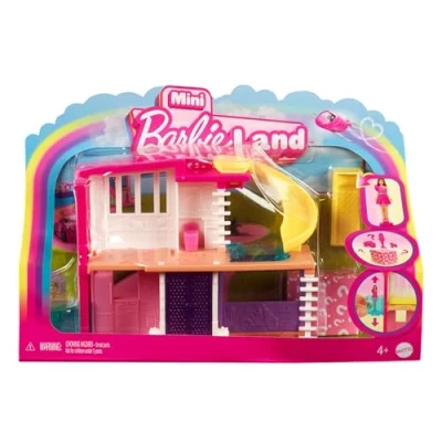 Abbildung von Barbie Mini BarbieLand Puppenhaus Sets, Traumvilla mit Überraschung, ca. 4 cm große Puppe, Möbel und Zubehörteile plus Aufzug Pool, Jahre+, HYF47