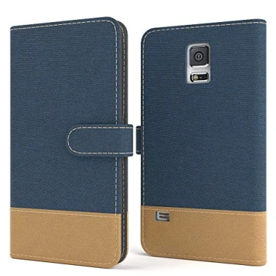 Abbildung von EAZY CASE Tasche kompatibel mit Samsung Galaxy S5/LTE+/Duos/Neo Stoff Schutzhülle Standfunktion Klapphülle Bookstyle, Handytasche Handyhülle, Magnetverschluss, Kartenfach, Kunstleder, Dunkel Blau