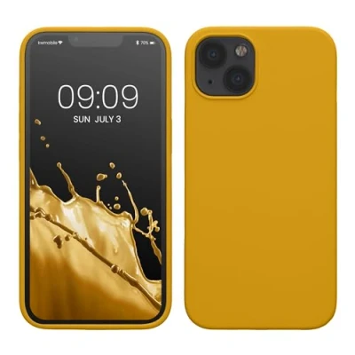 Abbildung von kwmobile Hülle kompatibel mit Apple iPhone 13 Silikon Handy Case Handyhülle weiche Oberfläche kabelloses Laden Honiggelb