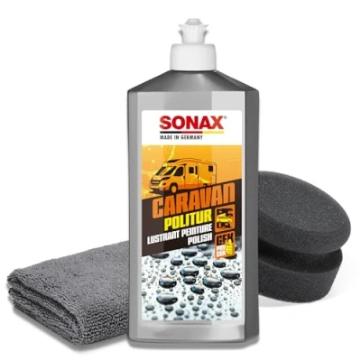 Abbildung von Wohnmobil Politur Set Sonax Caravan 500ml für Lacke und GFK + Polierpad Mikrofasertuch zum Glätten verwitterter Oberflächen Auffrischen matter Farben am Wohnwagen