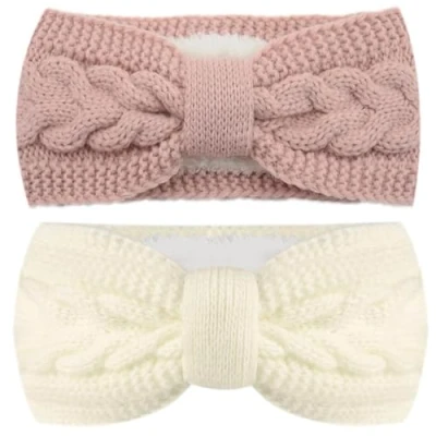 Abbildung von 2 Stück Damen Gestrickt Stirnband, Verdicken Stirnband Damen, Haarband Ohrenwärmer Elastische, Winter Kopfband Haarband, Elastische Haarreife Ohr Wärmer für Mädchen (Rosa, weiß)
