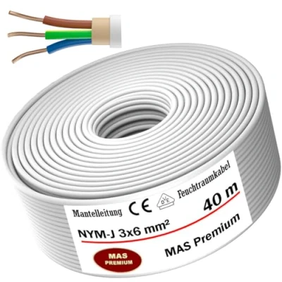 Abbildung von MAS Premium Feuchtraumkabel Stromkabel 5 200m Mantelleitung NYM J 3x1, 2,5 4 6 10 oder 5x1,5 16 Elektrokabel für feste Verlegung (NYM 3x6 mm², 40m)