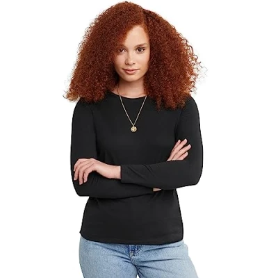 Abbildung von Hanes Damen Originals Long Sleeve Cotton T Shirt, Lightweight Crewneck Tee, Modern Fit Hemd, Ebenholz, Mittel