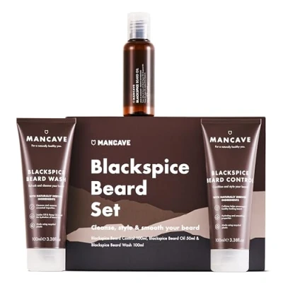 Abbildung von ManCave Blackspice Bartpflege Set für Männer Geschenkset mit 3 Produkten einen Dickeren, Gepflegten Bart, Vegan, Tuben aus Recycling Kunststoff, Hergestellt in GB