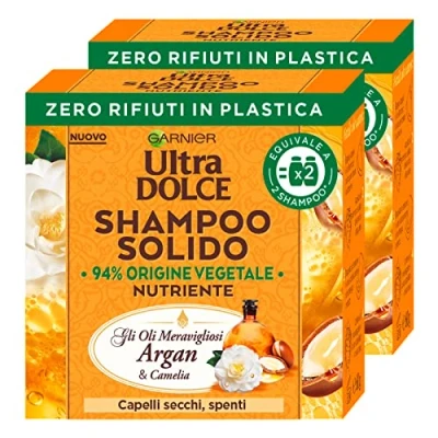 Abbildung von 2 x Garnier ultra süßes Shampoo mit nährenden Ölen und Arganöl Kamelie Inhaltsstoffen natürlichen Ursprungs für trockenes stumpfes Haar feste Shampoos à 60 g