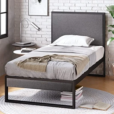 Abbildung von Zinus Christina Bett 90x200 cm Höhe 36cm mit Stauraum unter dem Metall Plattform Bettgestell gepolstertem Kopfteil Schwarz und Grau