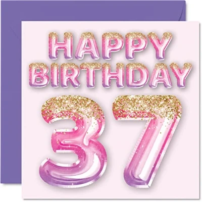 Abbildung von Geburtstagskarte zum 37. Geburtstag für Frauen rosa und lila Glitzerballons Happy Karten 37 Jahre alte Frau Freund Schwester Mama Tante 145 mm dreißig siebzig Grußkarten Geschenk
