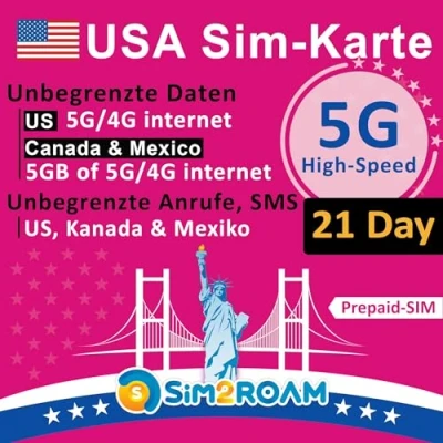 Abbildung von USA Prepaid SIM Karte Unbegrenzte 5G/4G LTE Hochgeschwindigkeits Internetdaten in den (einschließlich Hawaii) Anrufe und Textnachrichten (SMS) Wieder auffüllbar! (21 Tage)
