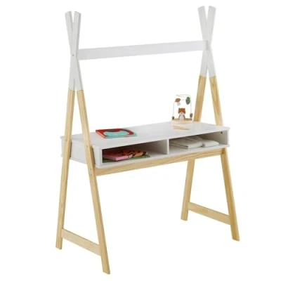Abbildung von IDIMEX Kinderschreibtisch SIMI Tipiform Weiß Natur Kiefer Massivholz 2 offene Ablagefächer. Tipi Optik. Maltisch Basteltisch Schreibtisch für Kinder