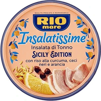 Abbildung von 6x Rio Mare Insalatissime Sicily Edition mit Kurkuma Reis, schwarzen Kichererbsen und Orange, ohne Konservierungsstoffe, Dose 220 gr