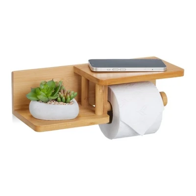 Abbildung von Relaxdays Toilettenpapierhalter mit Ablagen, für Handy, Ersatzrolle, Klopapierhalter Bambus, HBT: 9x31x12,5 cm, Natur