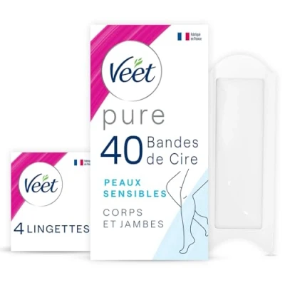 Abbildung von Veet Pure 40 Kaltwachsstreifen für Körper und Beine empfindliche Haut empfohlen von Dermatologen langanhaltende Haarentfernung