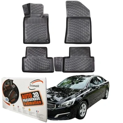 Abbildung von Trimak Passgenau 3D Fussmatten Auto Kompatibel mit Peugeot 508 1 Gen 2010 2018 Zubehör 1. und 2. Reihe Gummimatten Autos TPE Allwetter Geruchlos rutschfest Vorne Hinten Schwartz