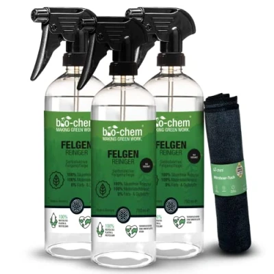 Abbildung von bio chem Felgenreiniger 3X 750 ml inkl. Tuch Extrem stark gegen Schmutz, sanft zu Allen Felgen: Stahl und Alufelgen, Chrom poliert matt säurefrei biologisch abbaubar Made in Germany