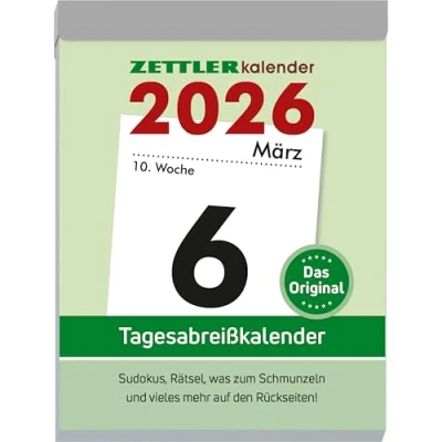 Abbildung von Tagesabreißkalender XL 2026 8,2x10,7 cm 1 Tag auf Seite mit Sudokus, Rezepten, Rätseln uvm. den Rückseiten Bürokalender 305 0000