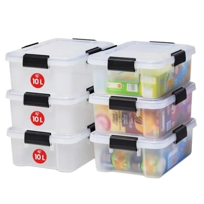 Abbildung von Iris Ohyama Luftdichte Kunststoff Aufbewahrungsboxen mit Deckel, 10L, 6er Set, Transparent, Hermetischer wasserdichter Verschluss, Robuste Schnappverschlüsse, Stapelbar, Staubschutz, BPA frei, AT S