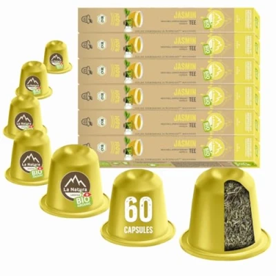 Abbildung von La Natura Lifestyle BIO JASMIN GRÜNER TEE 100% Industriell Kompostierbare² Teekapseln Umweltfreundlich 60 für Nespresso®3 Kapselmaschinen