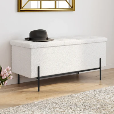 Abbildung von Banc coffre rangement LOUIS pieds métal noir 100 cm tissu bouclette blanc IDMarket