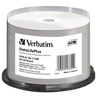 Abbildung von Verbatim DVD R 16x Wide thermal Printable 4.7GB, DataLifePlus, 50er Pack Spindel, Rohlinge bedruckbar, 16 fache Brenngeschwindigkeit, printable, leer,