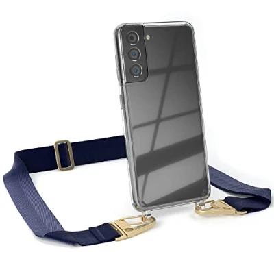 Abbildung von EAZY CASE Hülle mit Band kompatibel Samsung Galaxy S21 5G Handyhülle Umhängeband für Silikonhülle Transparent Schutzhülle Handykette zum Umhängen Handykordel Smartphone Blau Gold