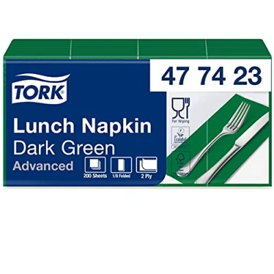 Abbildung von Tork 477423 dunkelgrüne Lunchservietten 1/8 gefaltet / 2 lagige, vorgefaltete Papierservietten für Snacks &amp; kleine Gerichte Advanced Qualität 10 x 200 (2000) Servietten 32,6 33 cm (B L)