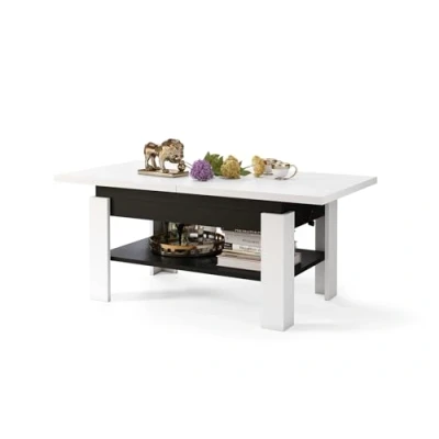 Abbildung von All4All Couchtisch Rino Kaffeetisch Wohnzimmertisch mit Ablage Sofatisch ausziehbar bis 170cm höhenverstellbar 130x65cm 05 Weiß + Schwarz