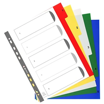 Abbildung von Exacompta 85E Kunststoff Register 1 5 für DIN A4 MAXI aus langlebigem teilig volle Höhe 24 x 29,7 cm weiß mit bedruckten, bunten Taben Universallochung Indexseite zum selbstgestalten