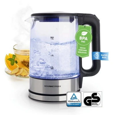Abbildung von GOURMETmaxx Wasserkocher Glas 1,7 Liter mit integrierter Beleuchtung, 2200 W, Leistungsstarker Boiler Abschaltfunktion &amp; Kalkfilter [Silber]