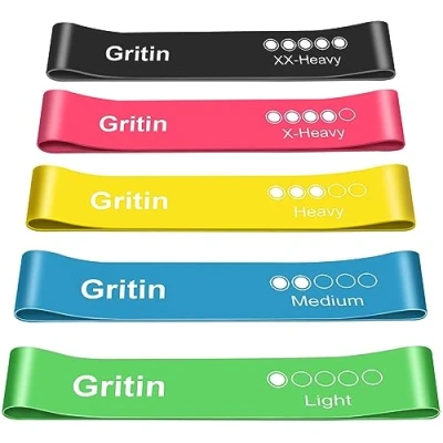 Abbildung von Gritin Fitnessbänder [5er Set] Widerstandsbänder mit 5 Stufen, 100% Latex Fitnessband Resistance Terra Bands Deutscher Übungsanleitung &amp; Tragebeutel, Gymnastikband für Muskelaufbau, Yoga, Pilates