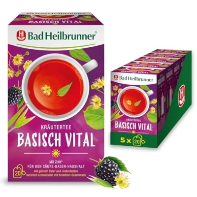 Abbildung von Bad Heilbrunner Kräutertee Basisch Vital im Filterbeutel Grüner Hafer, Lindenblüten &amp; Brombeere mit Zink für den Säure Basen Haushalt idealer Begleiter eine basische Ernährung Gesundheit (5 x 20 Filterbeutel)