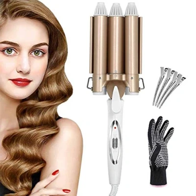 Abbildung von Coriver Lockenstab 3 Fässer, 22mm Lockenwickler mit Wellenstyler, Große Locken, Beach Waves Einstellbar Turmalin Lockiges, Lockenstäbe für Lange/kurze Haare