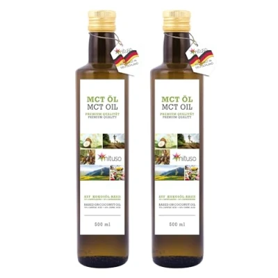 Abbildung von mituso MCT Öl auf Kokosölbasis 2x 500 ml 70% Caprylsäure (C8) &amp; 30% Caprinsäure (C10) Fettsäuren 100% reines Oil geschmacksneutral Zuckerfrei, GVO frei