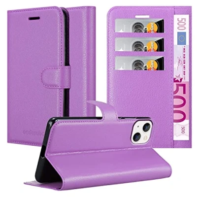 Abbildung von Cadorabo Hülle kompatibel mit Apple iPhone 14 PLUS Handyhülle aus Premium Kunst Leder Flip Klappbare Stoßfeste Magnetische [Standfunktion] [Kartenfächern] Cover für Tasche in Lila