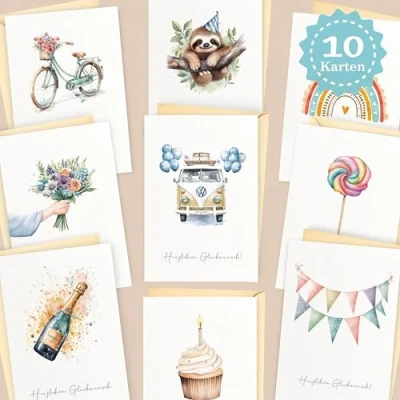 Abbildung von LOViLEE® 10x Geburtstagskarten Set mit Umschlag &amp; Stickern Glückwunschkarten Geburtstag, Happy Birthday Karte Postkarten Geburtstagskarte Frau, Mann, Kinder