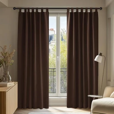 Abbildung von Deconovo Verdunkelungsvorhänge Thermovorhang, Schlaufen, gebrauchsfertig für Wohnzimmer, Schlafzimmer, 140 x 200 cm (B H), schokoladenfarbig, 2er Set