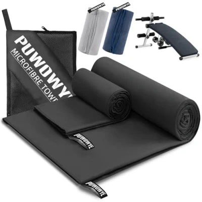 Abbildung von PUWOWYE Mikrofaser Handtuch 2er Set, 160x80cm Groß Badetuch + 80x40cm Klein Handtuch, Schnelltrocknend Handtücher Set für Sport, Fitness, Sauna, Strand, Reise und Outdoor