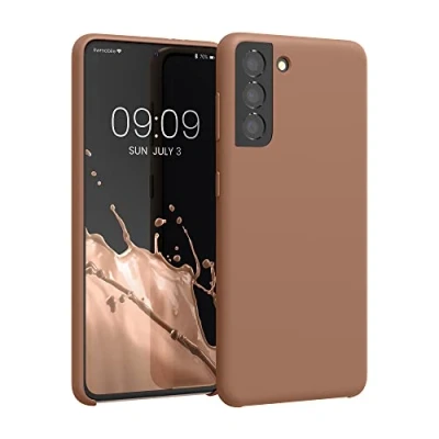 Abbildung von kwmobile Hülle kompatibel mit Samsung Galaxy S21 Silikon Handy Case Handyhülle weiche Oberfläche kabelloses Laden Cappuccino