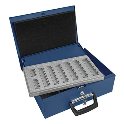 Abbildung von Wedo 150100803 Geldzählkassette Universa (aus Stahlblech, für Hart und Papiergeld, mit zwei Tragegriffen 4 Fächereinsatz Geldscheine, 35,5 x 27,5 10 cm) blau