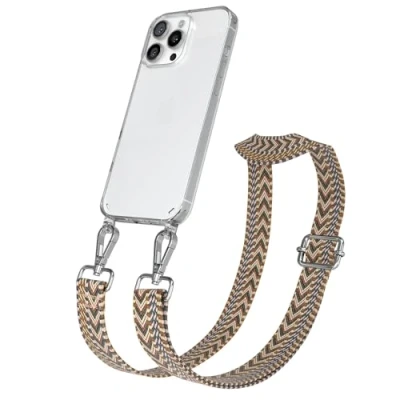 Abbildung von EAZY Case Handykette mit verstellbarem Trageriemen kompatibel iPhone 16 Pro Max Taschengurt zum Wechseln transparentem für Apple Hülle Band in Hell Braun/Braun