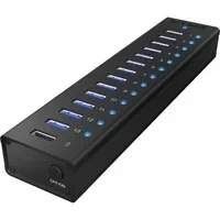 Abbildung von ICY Box IB AC6113 13 fach USB 3.0 Hub mit 12 V / 5 A Stromadapter, Aluminiumgehäuse und Ladeport schwarz, 13x 3. + 1x Laden