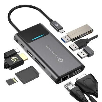Abbildung von NOVOO 9 in 1 Adapter für technische Geräte, Anschlusserweiterung den PC USB C zu HDMI 4K, TF/SD Card Reader, VGA, RJ45 Gigabit Ethernet, 3xUSB 3.0, C, Kompatibel mit Windows Laptop, Tablet, MacBook &amp; Ipad