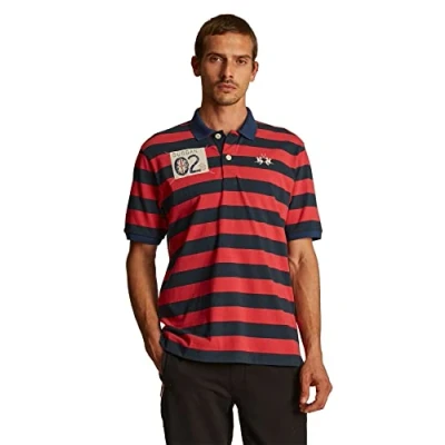 Abbildung von La Martina Herren Poloshirt mit kurzem Arm und einem Kragen in Kontrastoptik, Oversized Modell, Ensign Blau/Amerikanische Schönheit, Man