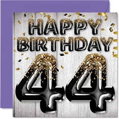 Abbildung von Geburtstagskarte zum 44. Geburtstag für Männer schwarze und goldene Glitzerballons Happy Karten 44 Jahre alten Mann Papa Cousin Freund Bruder Onkel 145 mm Vierzig Viertel Grußkarten Geschenk