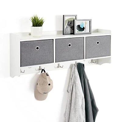 Abbildung von Mondeer Wandgarderobe Wandregal, Hängeregal mit 3 Körben und 5 Haken, Weiß