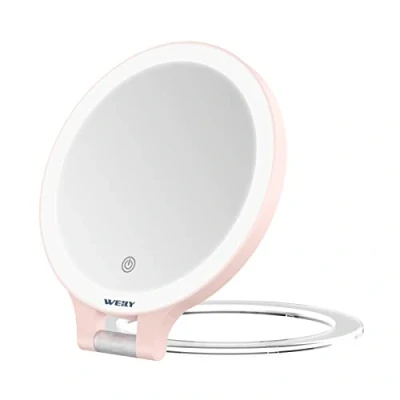 Abbildung von WEILY Schminkspiegel mit Beleuchtung, 10X/1X Vergrößerung Doppelseitiger Kosmetikspiegel 3 Farbigen, Wandspiegel Wiederaufladbarer Klappbarem, für Make up und Badezimmer(Rosa)
