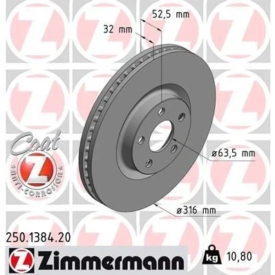 Abbildung von ZIMMERMANN COAT Z 250.1384.20 Bremsscheibe 316 32 5/5 5 108 innenbelüftet beschichtet FORD: S Max Mk2, Galaxy Mk3 MPV, FORD USA: Edge Mk2