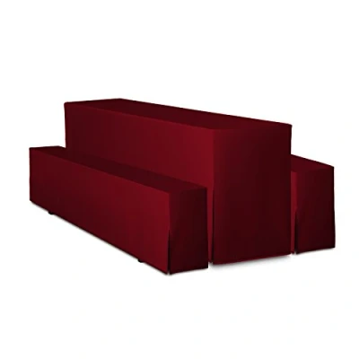 Abbildung von TexDeko® Hussen Bierzeltgarnitur 3 teiliges Set Premium Blickdicht strapazierfähig 2 Bierbankhusse 1 Biertischhusse 220x50cm für Festzeltgarnitur (Bordeaux)